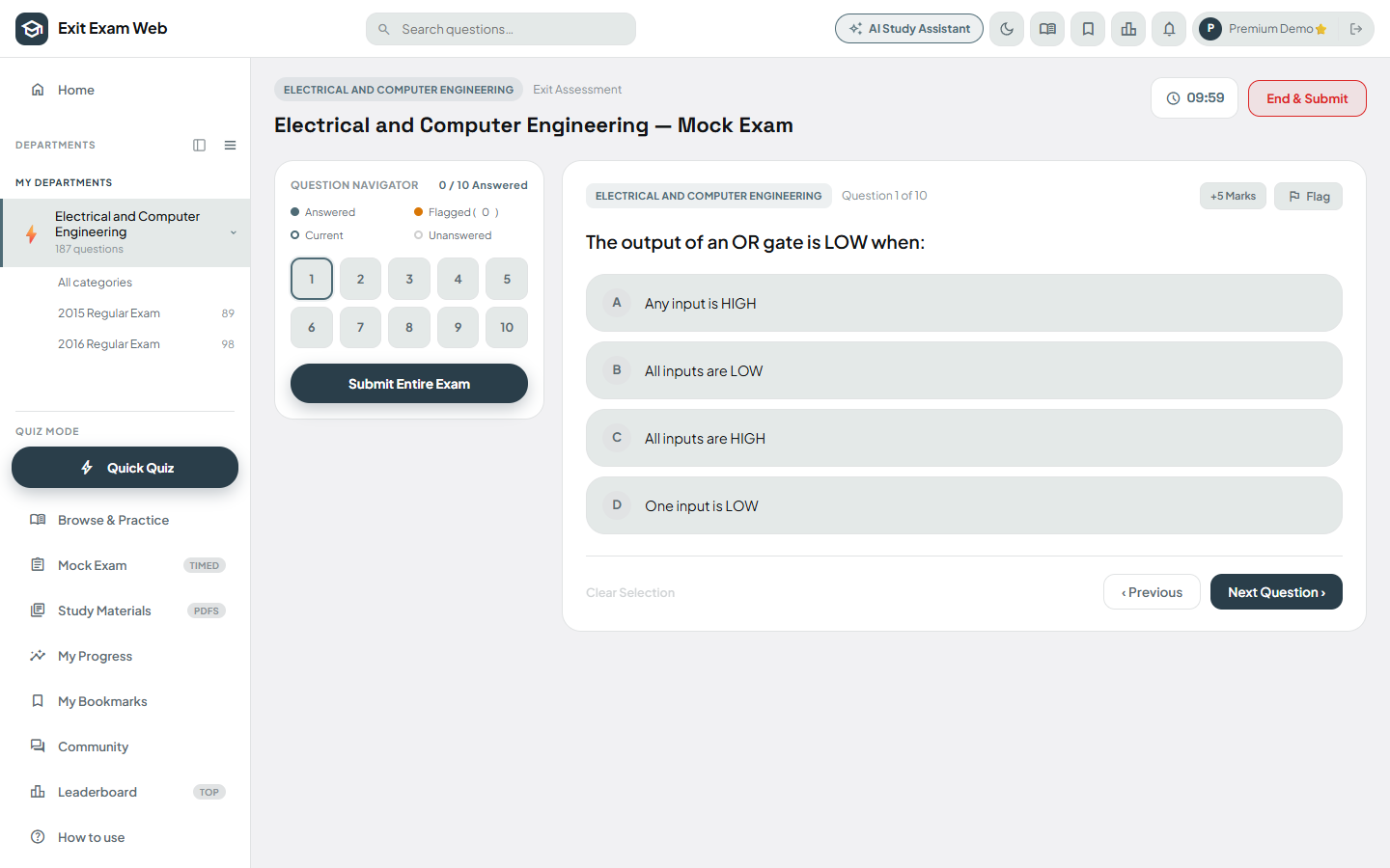 Mock Exam in progress, with the countdown timer and End & Submit button