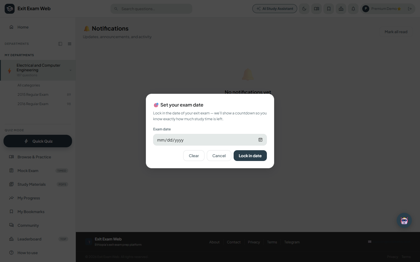 The Set your exam date modal, with a date picker and Lock in date button