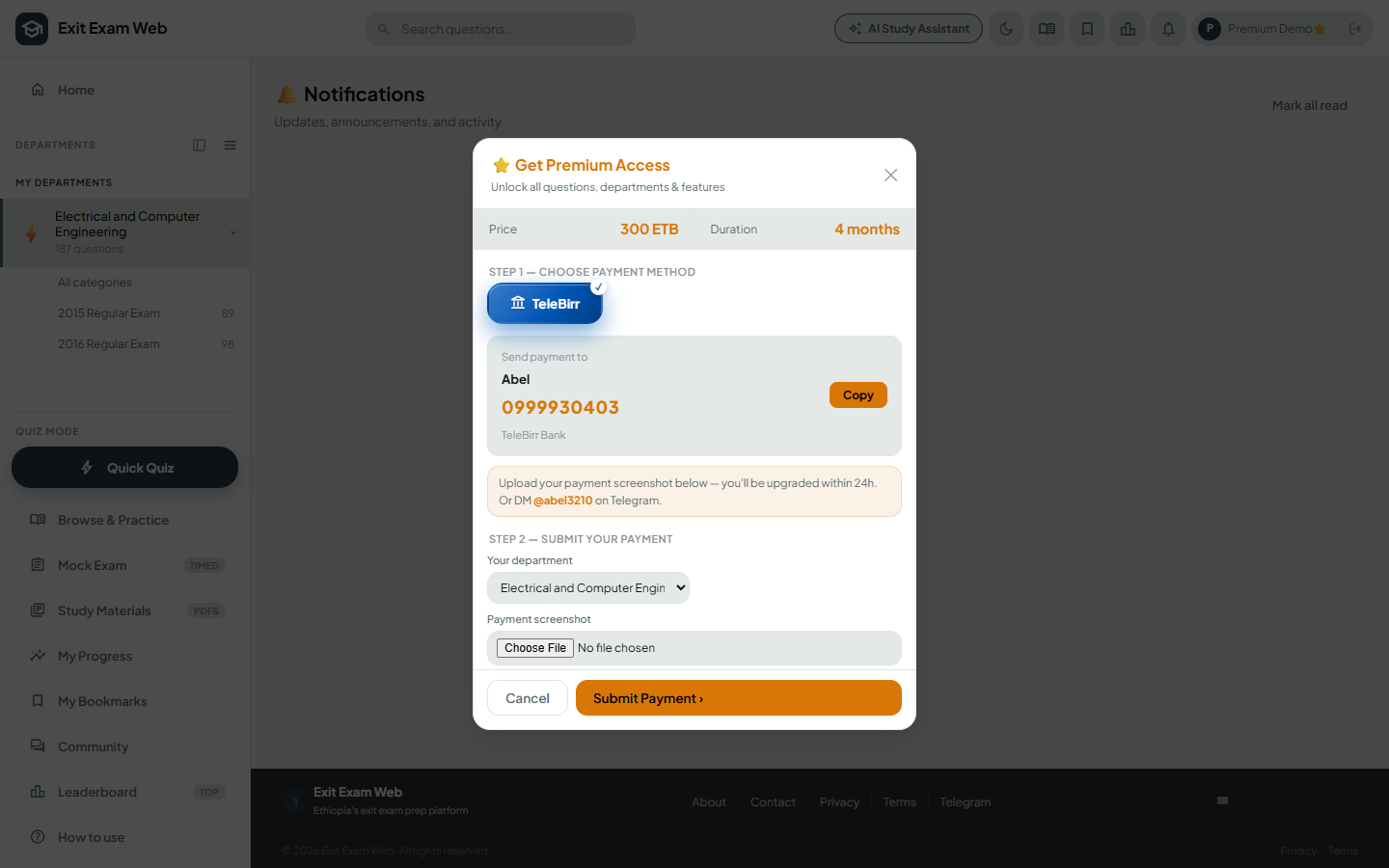 The Get Premium modal, showing price, duration, payment method, and payment screenshot upload